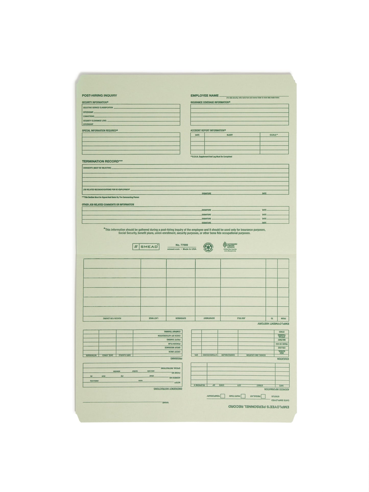 Employee Record File Folders, Moss Green Color, Letter Size, Set of 1, 086486770002