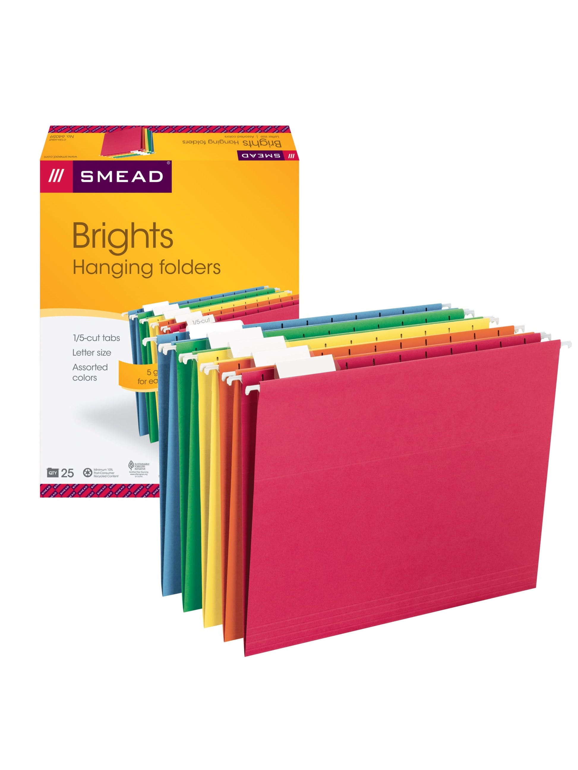 Standard Hanging File Folders with 1/5-Cut Tabs, Assorted Colors Color, Letter Size, Set of 25, 086486640596